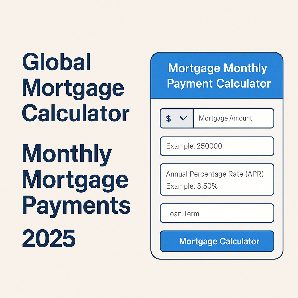 Global mortgage calculator interface showing monthly payment estimation
